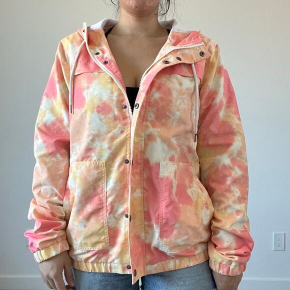 Volcom Enemy Stone Windbreaker Hooded Pink Orange Tie Dye - Picture 2 of 11
